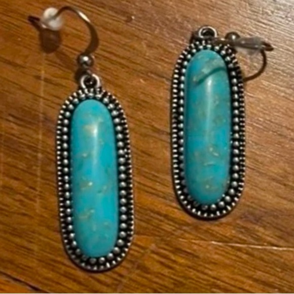 “Turquoise Flecked Ovals” Speckled Gold Flakes Southwestern Dotted Frame Dangles - Picture 7 of 16